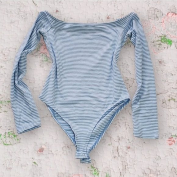 FOREVER 21 Contemporary Off Shoulder Bodysuit- long sleeve- striped- Rare - Picture 1 of 6